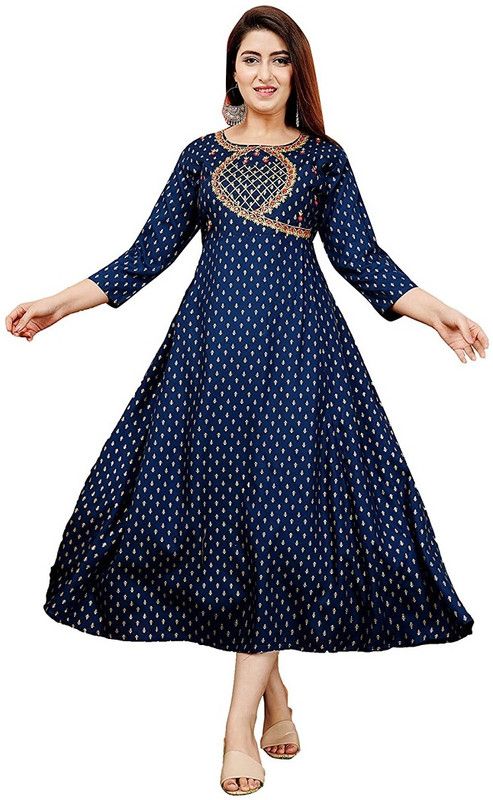Embroidered Rayon Blend Semi Stitched Anarkali Gown  (Dark Blue)