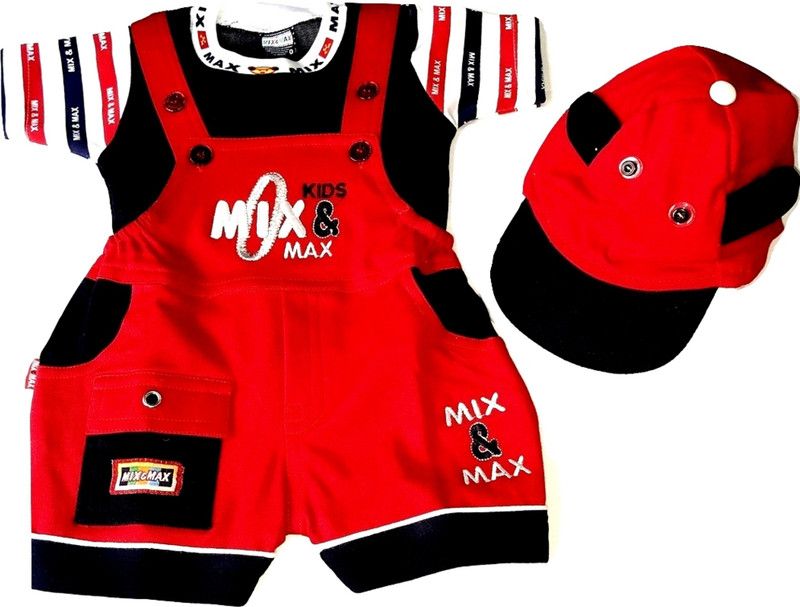 Baby Boys & Baby Girls Party(Festive) T-shirt Dungaree, Cap  (Red)