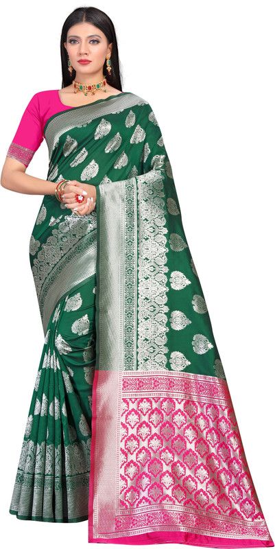 Woven Banarasi Cotton Blend, Jacquard Saree  (Green)