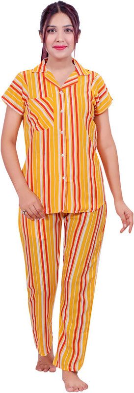 Women Night Suit Set Yellow Self Design