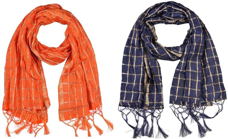 Silk Blend Checkered Orange, Dark Blue Women Dupatta