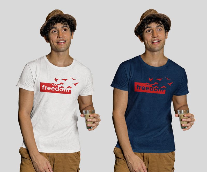 Pack of 2 Men Printed Round Neck Polyester White, Blue T-Shirt