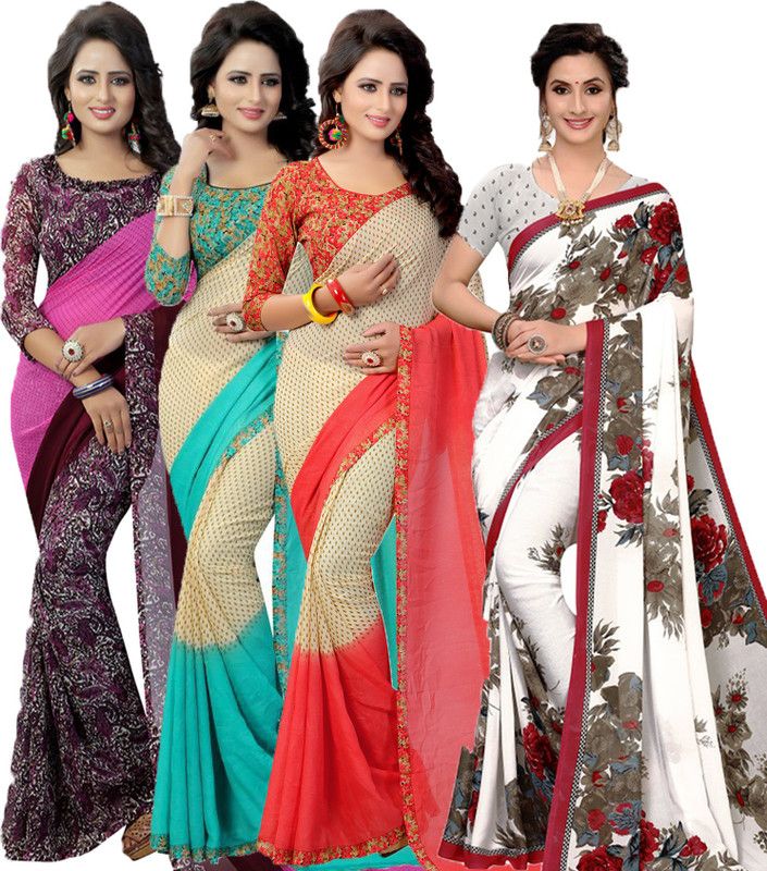 Printed Bollywood Georgette Saree  (Pack of 4, Purple, Red, White, Maroon, Light Green)
