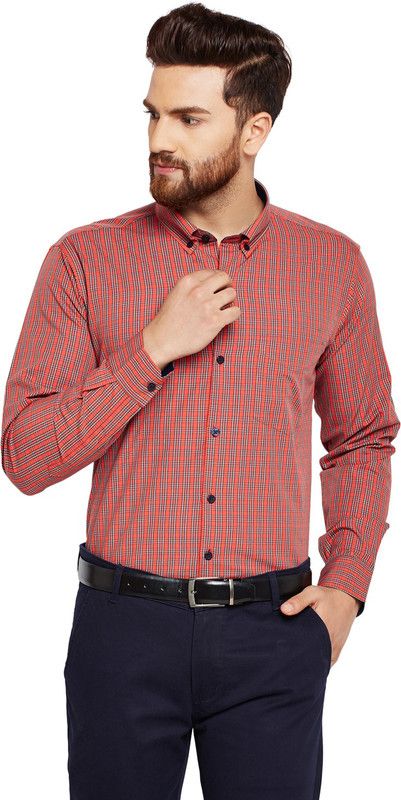 Men Slim Fit Checkered Button Down Collar Formal Shirt