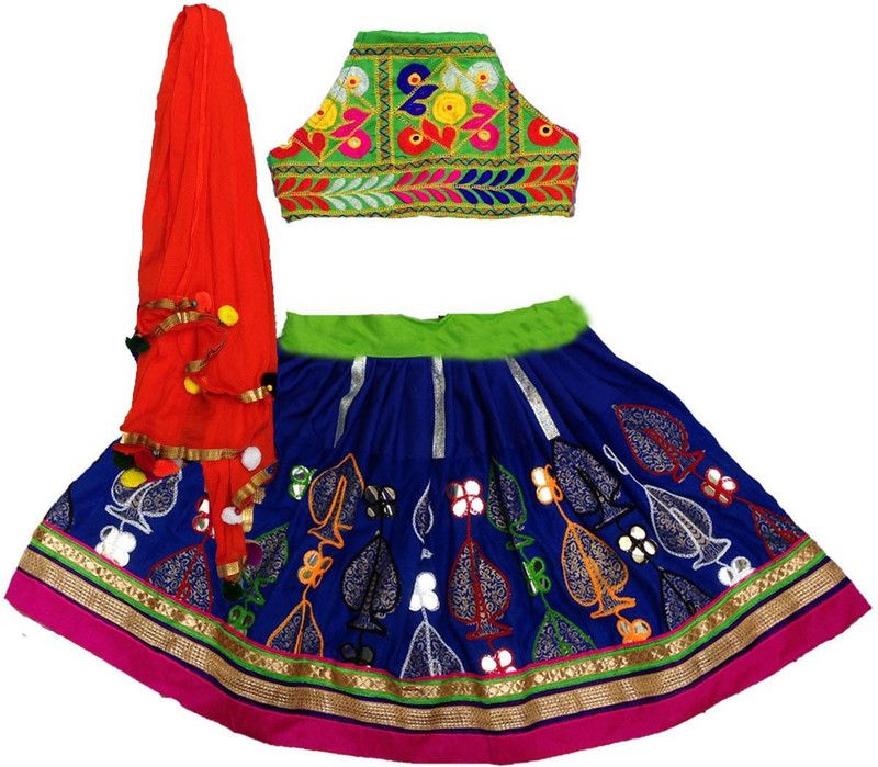 Baby Girls Lehenga Choli Fusion Wear Embroidered Lehenga, Choli and Dupatta Set  (Dark Blue, Pack of 1)