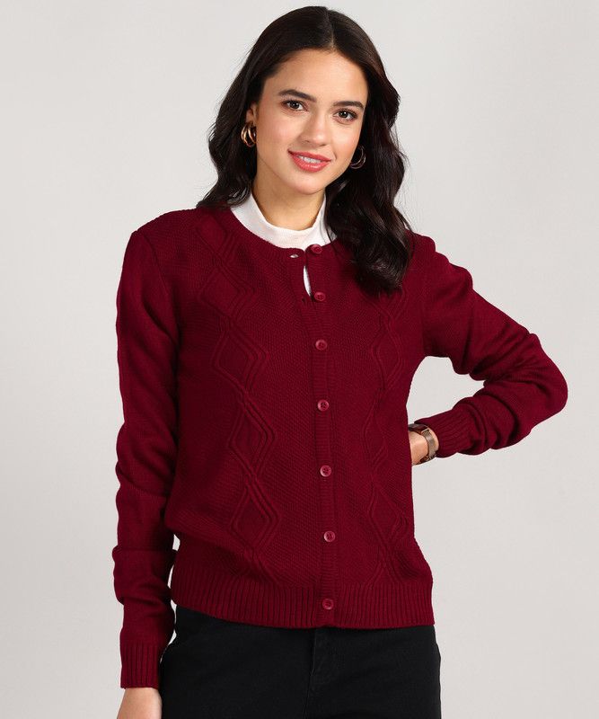 Women Woven Crew Neck Maroon Sweater