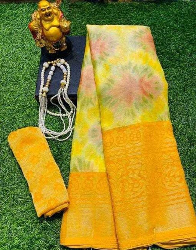 Printed, Floral Print Daily Wear Brasso, Chiffon Saree  (Yellow)