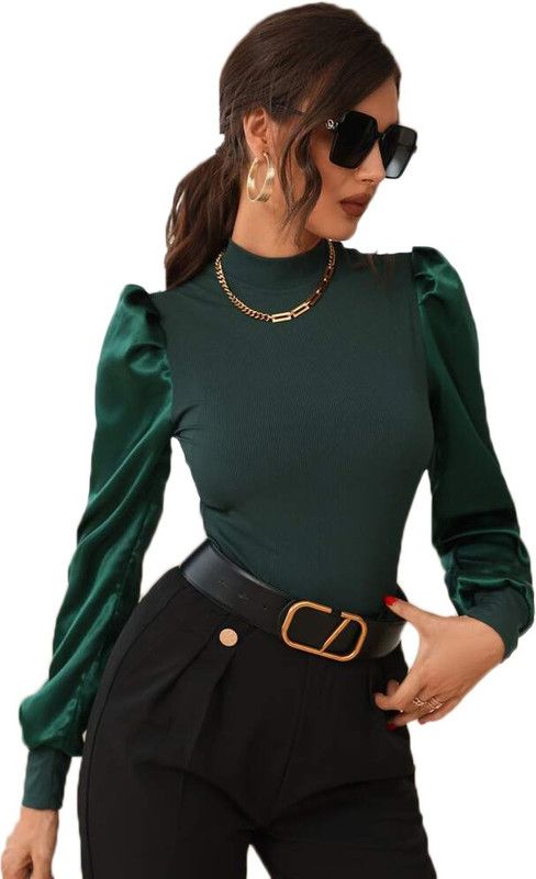 Casual Balloon Sleeve Solid Women Dark Green Top
