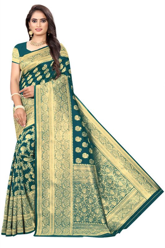 Kanjivaram Silk Blend Saree  (Dark Blue, Gold)