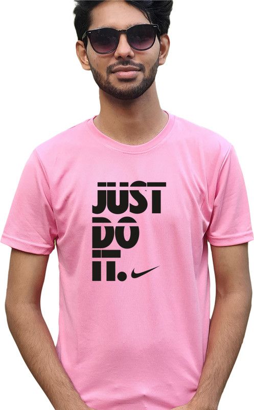 Men Typography Round Neck Poly Cotton Pink T-Shirt