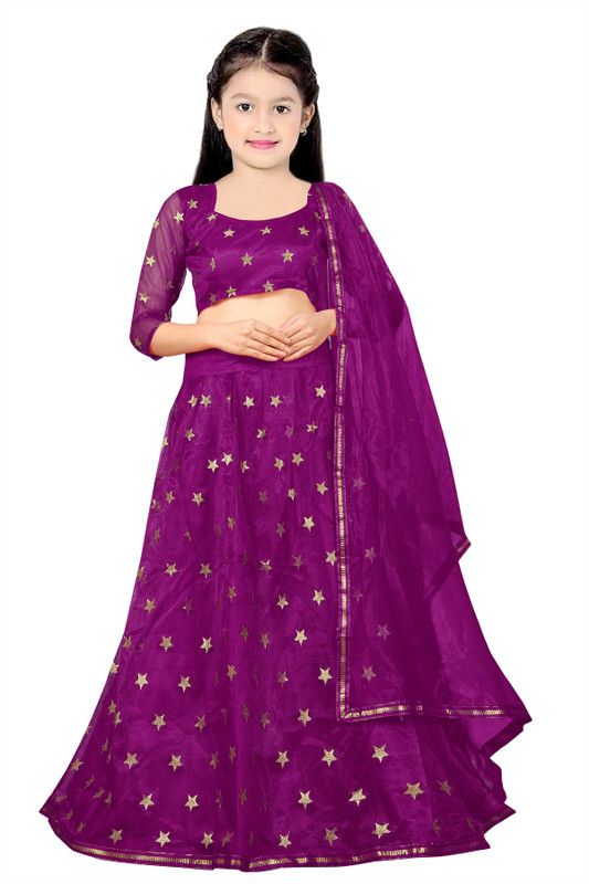 Girls Lehenga Choli Party Wear Embroidered Lehenga Choli  (Purple, Pack of 1)