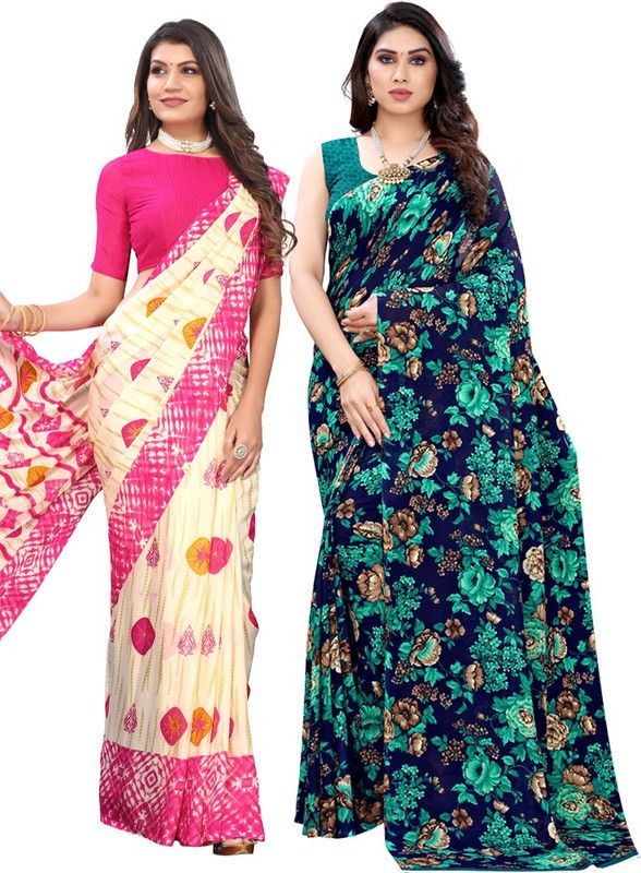 Printed Bandhani Georgette Saree  (Pack of 2, Multicolor)
