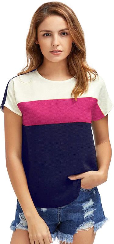 Women Colorblock Round Neck Cotton Blend White, Blue, Pink T-Shirt