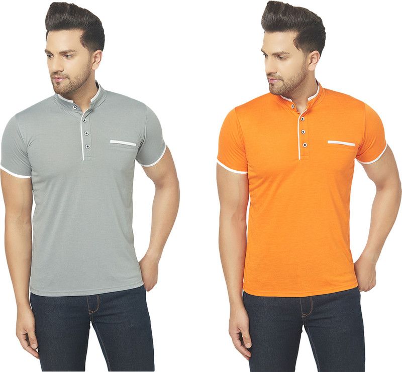 Pack of 2 Henley T-shirt Combo Half Sleeve Men Solid Henley Neck Cotton Blend Orange, Grey T-Shirt