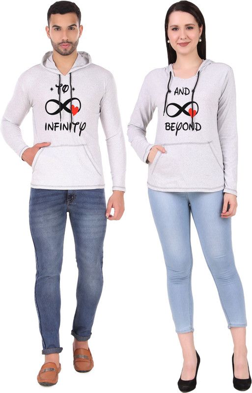 Pack of 2 Couple Typography Hooded Neck Cotton Blend Grey T-Shirt
