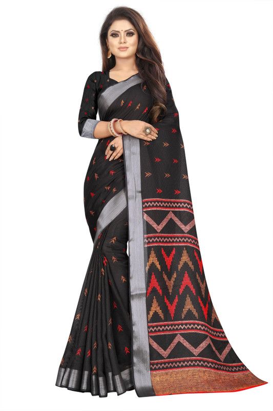 Printed, Self Design, Digital Print, Hand Painted, Temple Border, Geometric Print, Striped, Animal Print, Floral Print, Solid/Plain, Checkered Daily Wear Cotton Linen, Art Silk Saree  (Black)