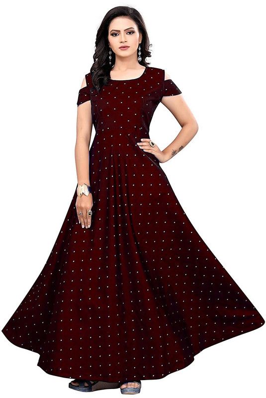 Silk Blend Stitched Anarkali Gown  (Maroon)