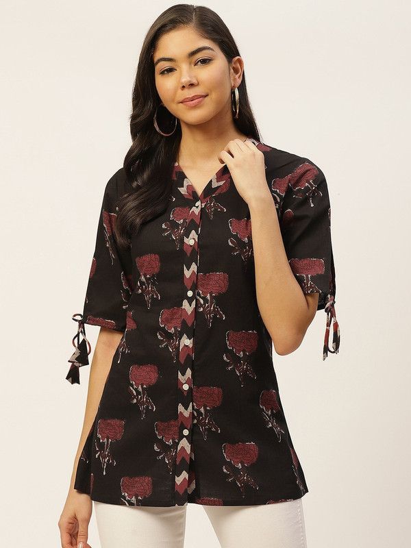 Casual Half Sleeve Printed Women Black, Maroon Top