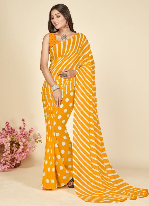 Striped, Polka Print Daily Wear Georgette Saree  (White, Yellow)