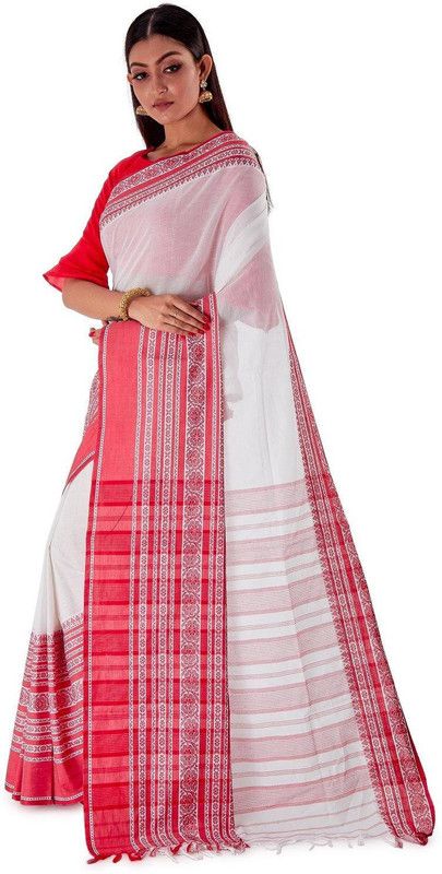 Printed Tant Viscose Rayon, Pure Cotton Saree  (Red, White)