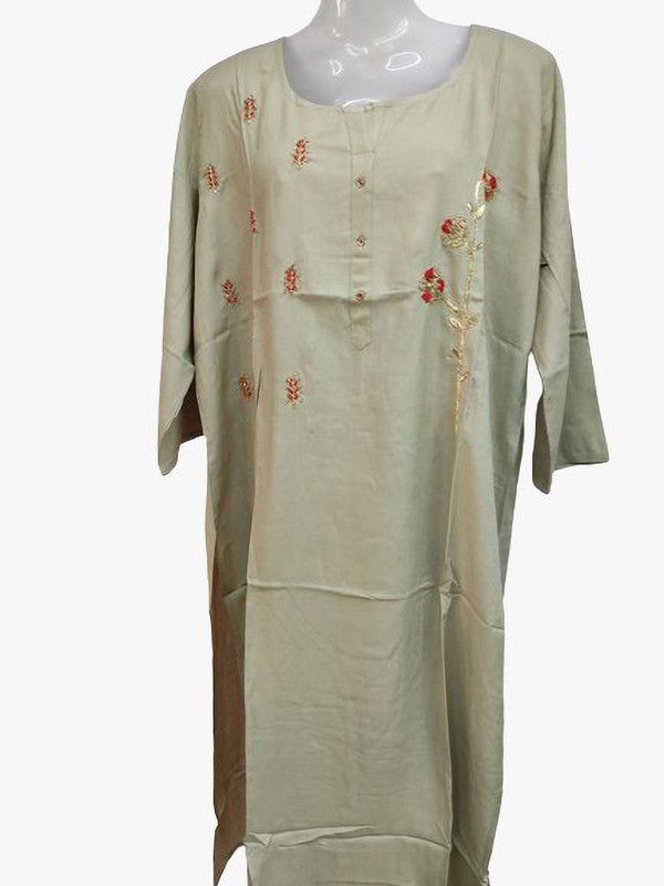 Women Embellished Cotton Blend Straight Kurta  (Beige)