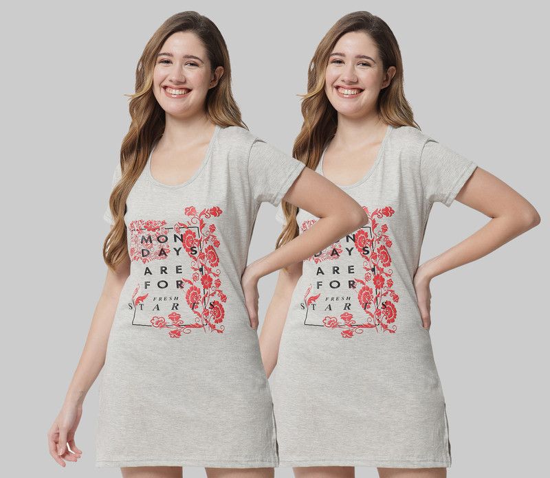Pack of 2 Women Graphic Print Round Neck Cotton Blend Grey T-Shirt