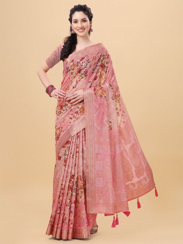 Digital Print, Woven Kanjivaram Pure Silk Saree  (Pink)