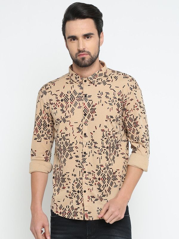 Men Slim Fit Printed, Geometric Print Slim Collar Casual Shirt