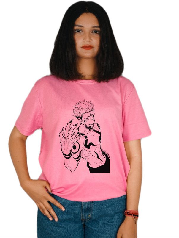 Women Graphic Print Round Neck Polyester Pink T-Shirt