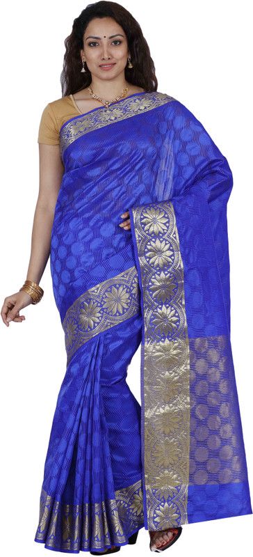 Embellished Kanjivaram Cotton Blend Saree  (Blue)