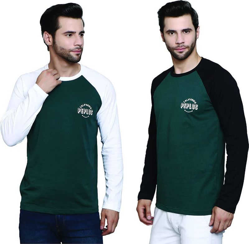 Pack of 2 Men Typography Round Neck Cotton Blend Dark Green T-Shirt