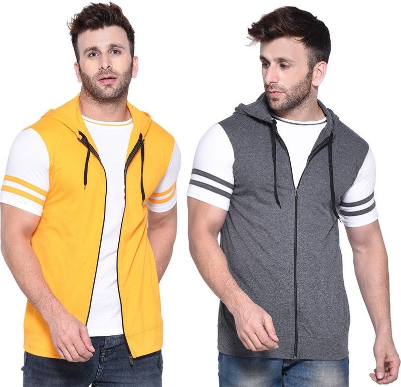 Pack of 2 Men Colorblock Hooded Neck Cotton Blend Grey, Yellow T-Shirt