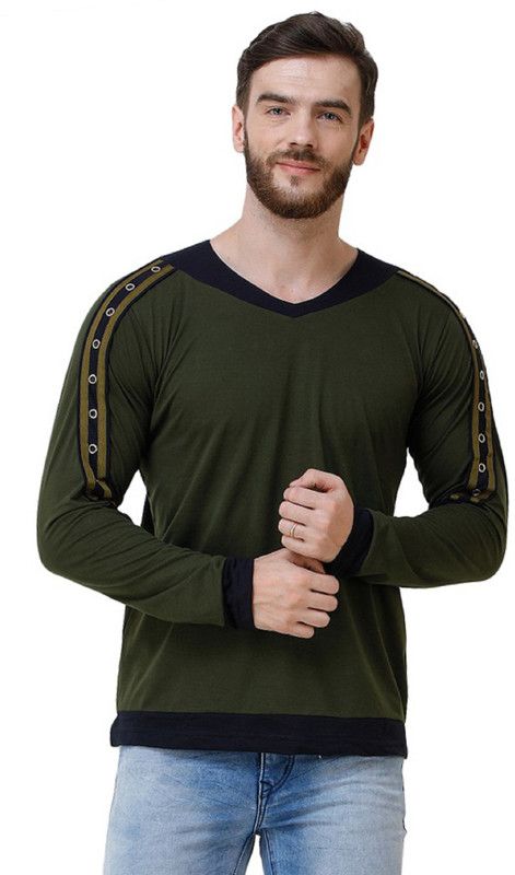 Men Colorblock V Neck Pure Cotton Dark Green T-Shirt