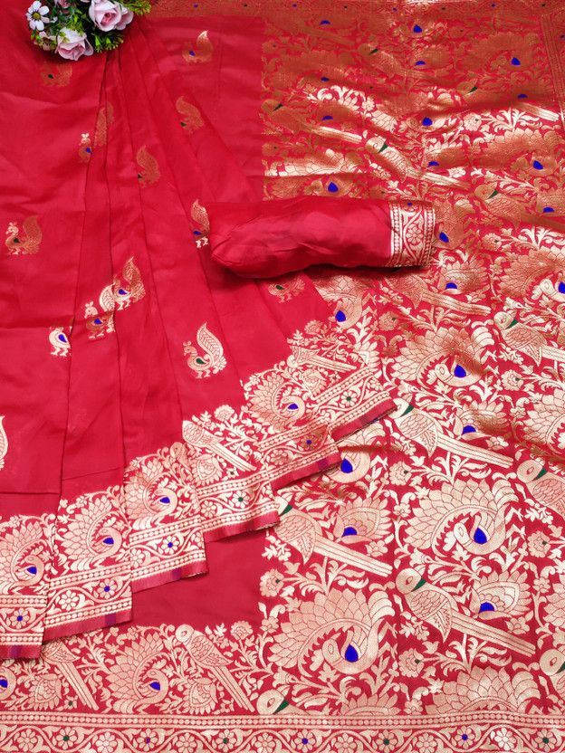 Paisley Kanjivaram Silk Blend Saree  (Red)