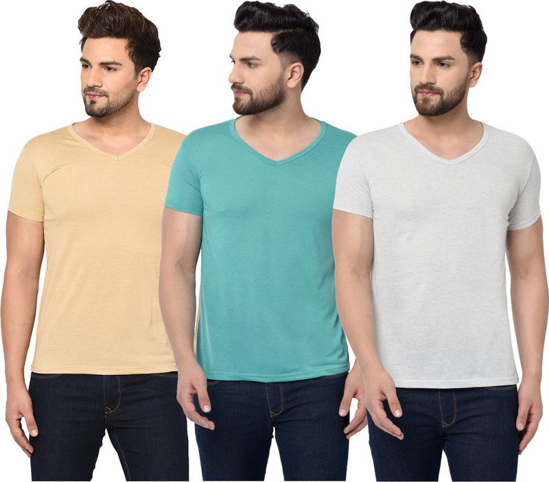Pack of 3 Men Solid V Neck Cotton Blend Light Blue, Beige, Grey T-Shirt