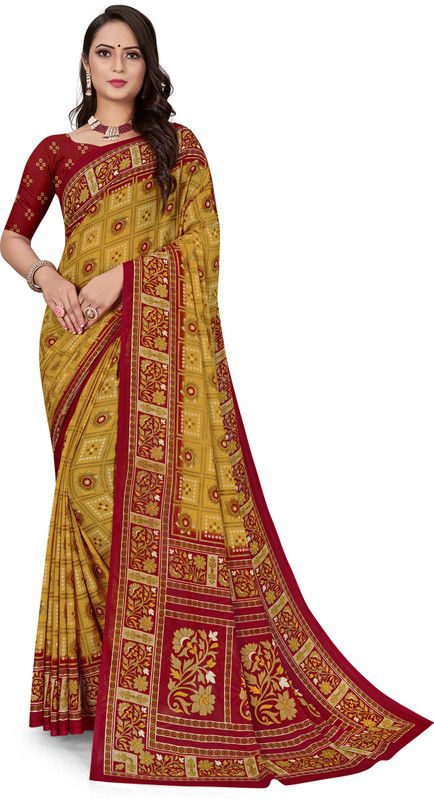 Printed Bandhani Georgette Saree  (Maroon, Green)