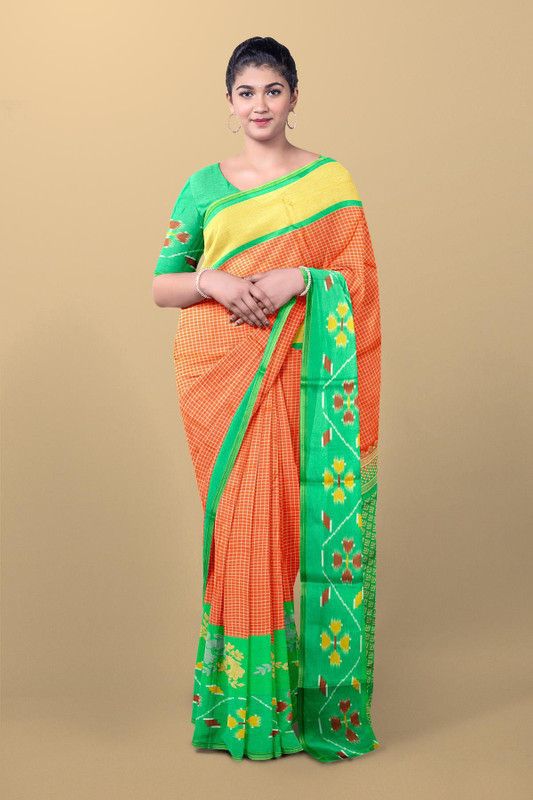 Checkered Bollywood Silk Blend Saree  (Orange)