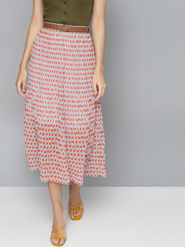 Women Geometric Print Pleated Orange, Light Blue Skirt