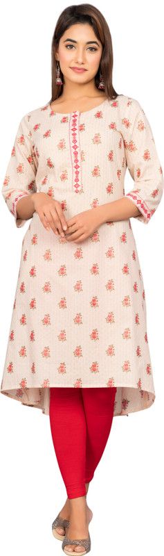 Women Printed Cotton Blend Straight Kurta  (Red, White)