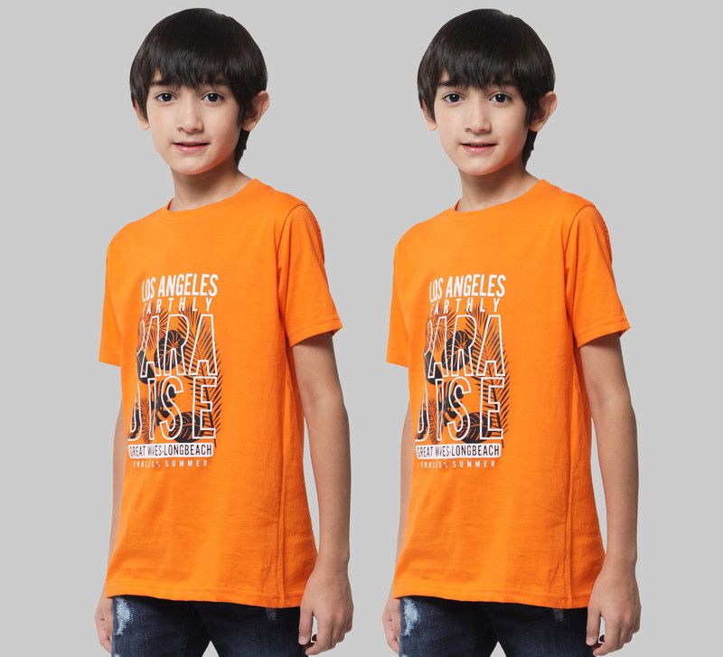 Boys Typography Pure Cotton T Shirt  (Orange, Pack of 2)