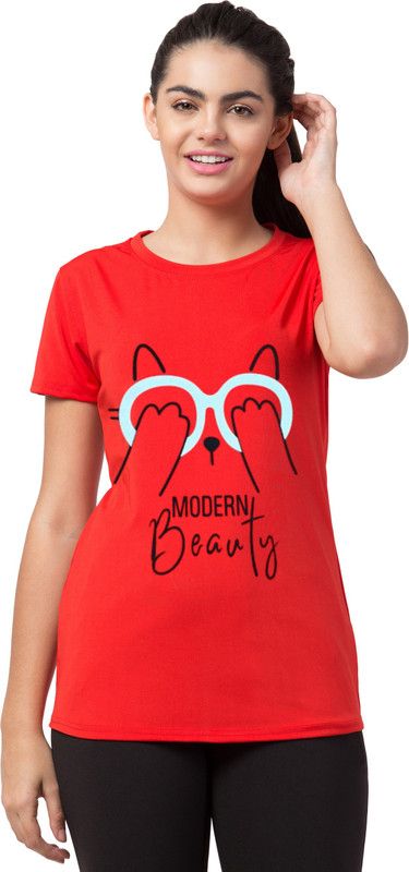 Women Typography, Printed Round Neck Cotton Blend Maroon, Red T-Shirt