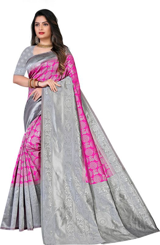 Woven Banarasi Cotton Silk Saree  (Pink, Grey)
