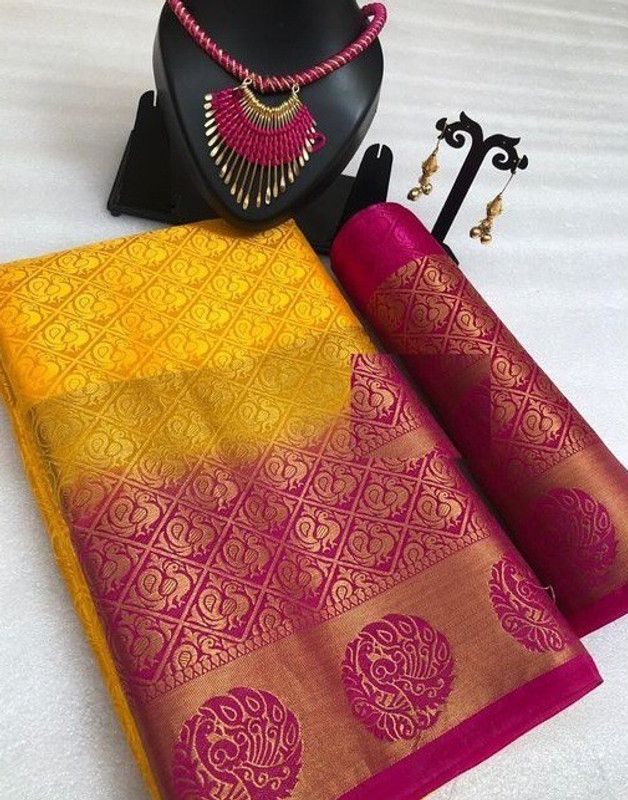 Self Design Kanjivaram Tussar Silk Saree  (Yellow)