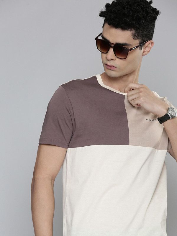 Redloop Men Colorblock Crew Neck Pure Cotton White T-Shirt