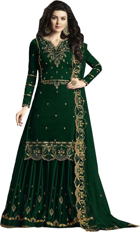 Self Design Pure Silk Semi Stitched Anarkali Gown  (Green)