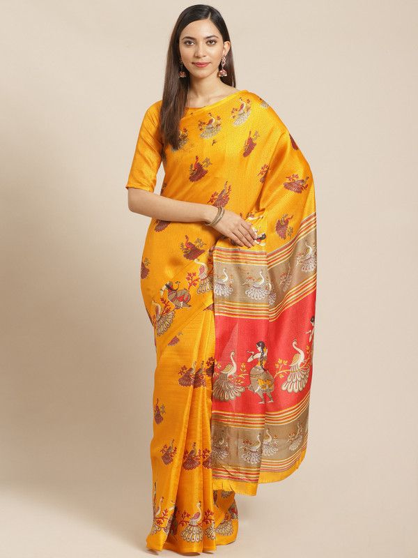 Printed Bhagalpuri Silk Blend, Art Silk Saree  (Mustard)