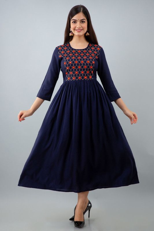 Women Embroidered, Embellished Viscose Rayon Gown Kurta  (Dark Blue)