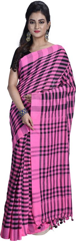 Checkered Handloom Cotton Blend Saree  (Pink)