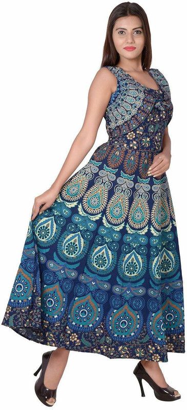 Printed Pure Cotton Stitched Flared/A-line Gown  (Blue, Grey)