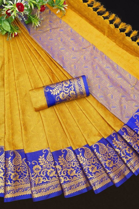 Woven, Embellished Dharmavaram Art Silk Saree  (Yellow)